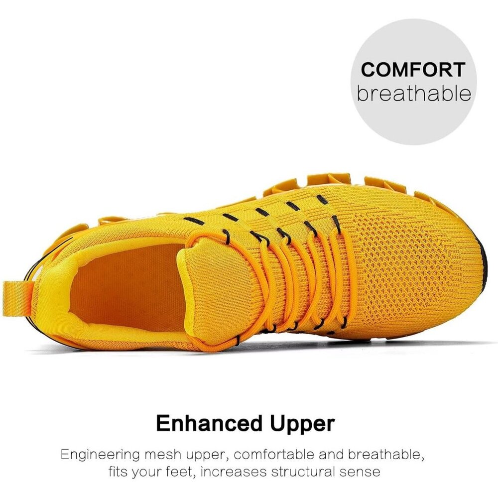 Men's Yellow Non Slip Lightweight Workout Breathable Mesh Fashion Sneakers - Picture 4 of 7